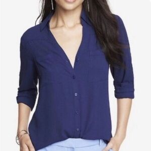 Express Portofino Shirt Navy Blue Button Down Women's Dress Top size small S